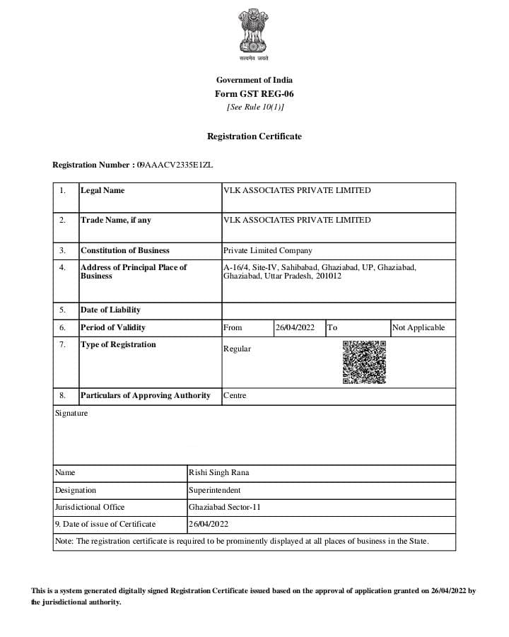 VLK Associates GST registration certificate